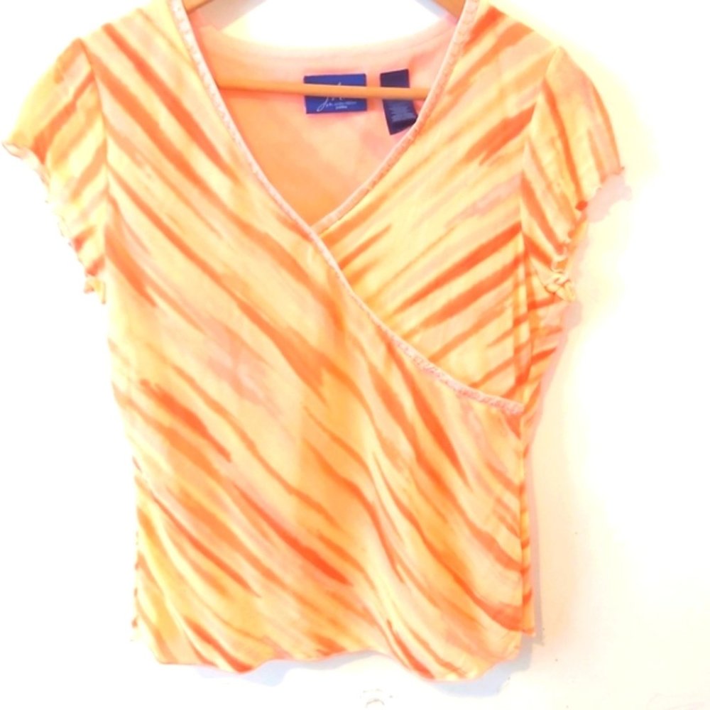 J H COLLECTION | Women's Petite Short Sleeve Top Pink Orange Size Large